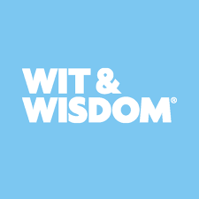 Blue square with white text that says Wit and Wisdom