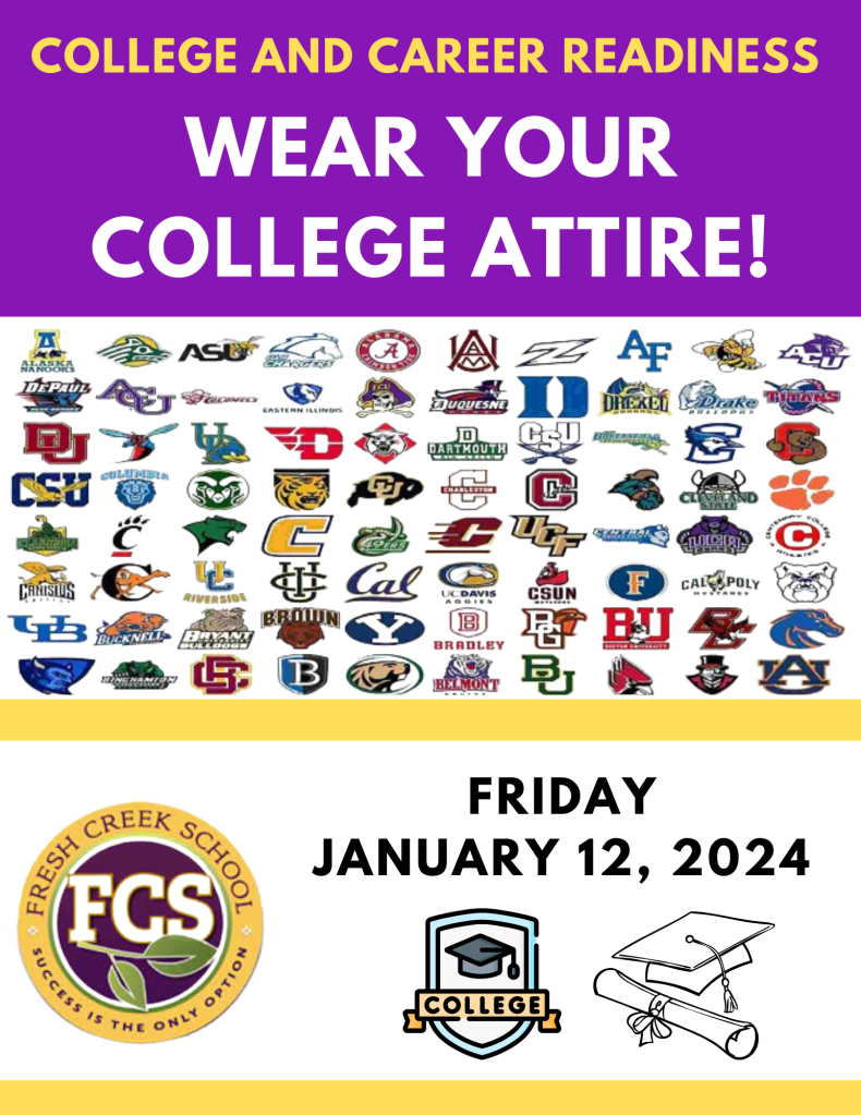 Image of school logos and reminder that January 12 is College day.